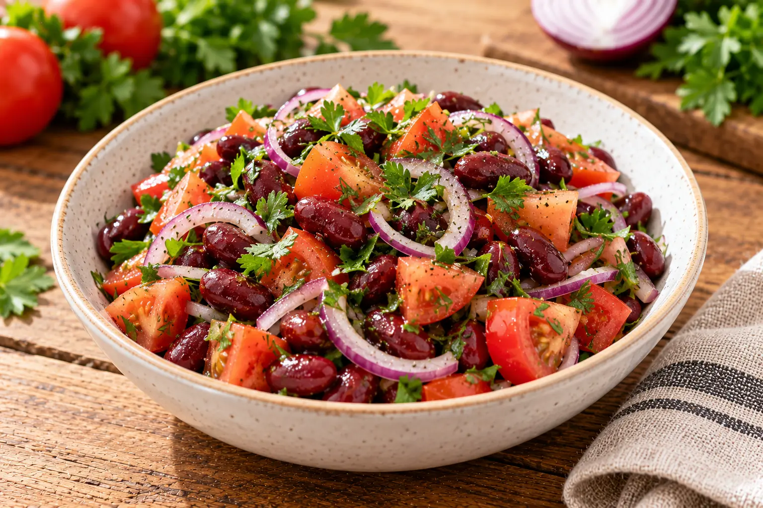 Салат с фасолью, помидорами и луком