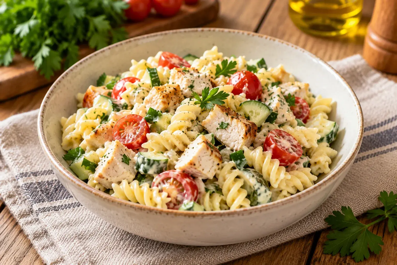 Салат с пастой и курицей