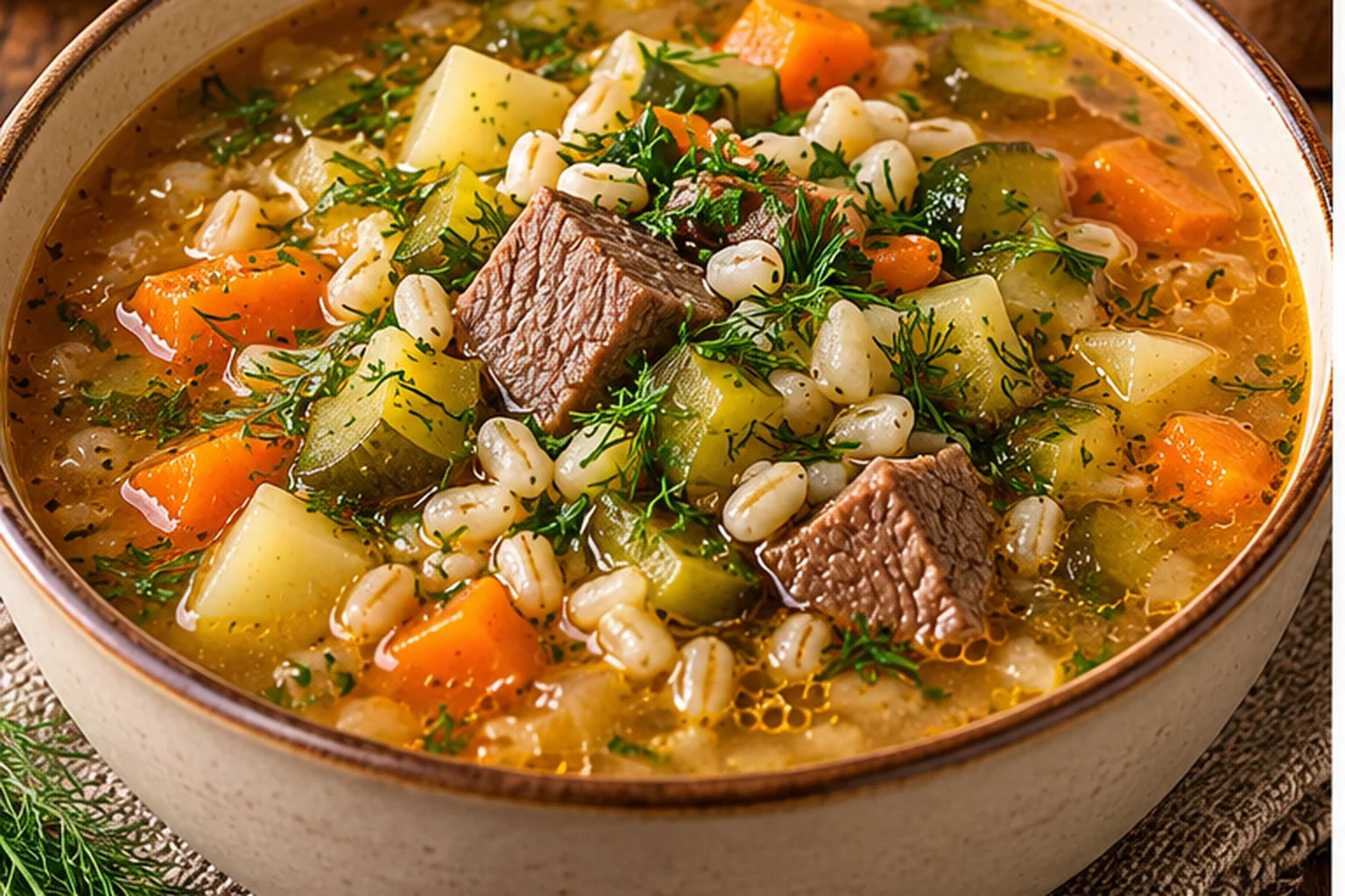 Рассольник с говядиной и перловкой
