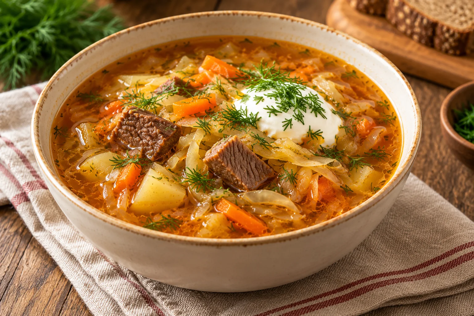 Щи из свежей капусты с говядиной
