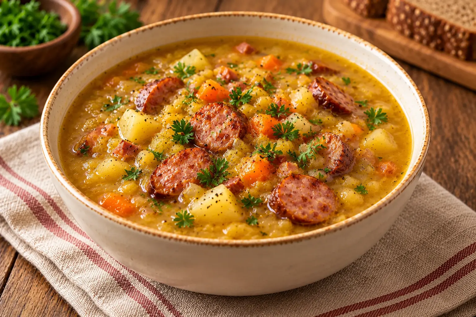Гороховый суп с копчёной колбасой